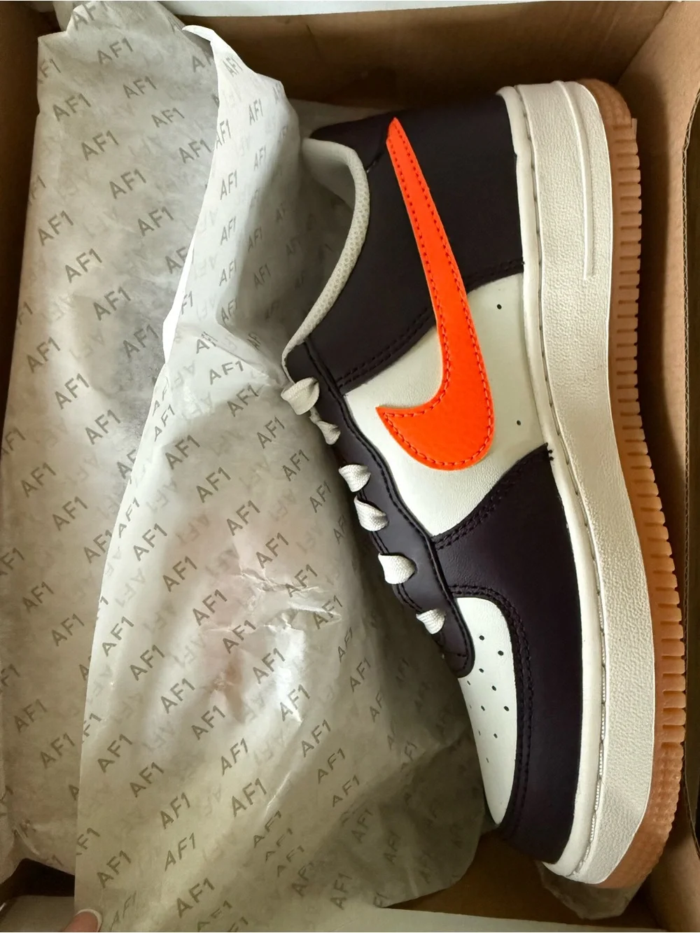 Nike Air Force 1 Low in White, Purple & Bright Orange Swoosh